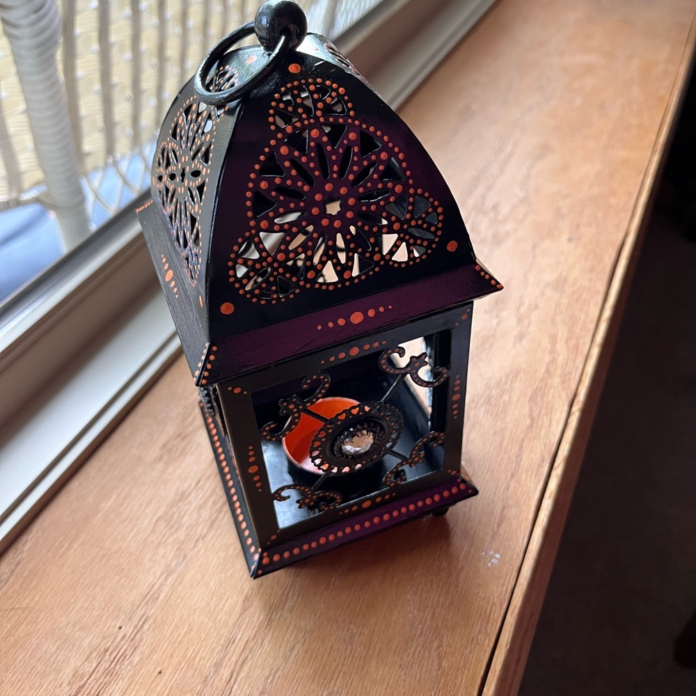Handpainted Metal Black and Orange Decorative Lantern - Picture 4 of 8